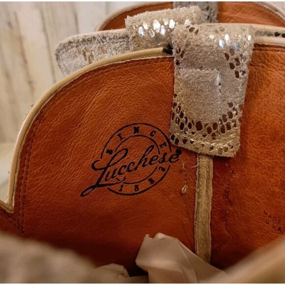 Lucchese Size 7 B Suede Gold Stone Python Print Boots Western Cowboy Snip Toe - Picture 12 of 16